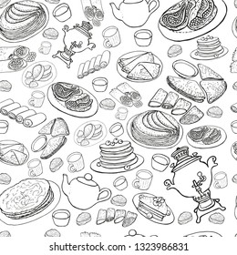 Seamless background with pancakes, caviar, jam, sour cream. Samovar, kettle, cup, pancakes. Pancake week. Black and white. Coloring.