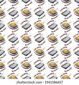 Seamless background with pancakes and notepad. Seamless pattern on a white background. Cute vector illustration.