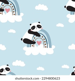 Seamless background with panda sleeping on the rainbow, cartoon panda bears vector illustration for children