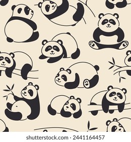 Seamless background with pandas in the jungle. Vector pattern