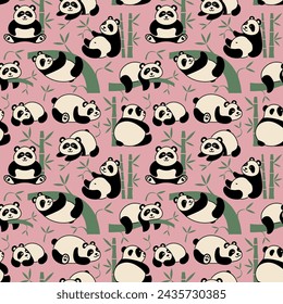 Seamless background with pandas in various poses. Vector pattern