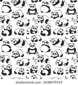 Seamless background with pandas in various poses. Vector pattern