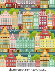 Seamless background with panoramic city landscape in european style