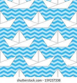Seamless background with paper boats on the waves for textiles, interior design, for book design, website background.