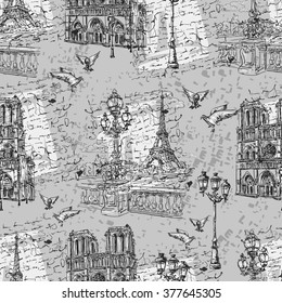 Seamless background Paris in retro style. The embankment River Seine, Notre Dame, lanterns and doves on a background of letters imitation.  