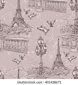 Seamless background Paris in retro style. The embankment River Seine, lanterns and doves 