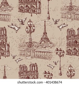 Seamless background Paris in retro style. The embankment River Seine, Notre Dame, lanterns and doves 