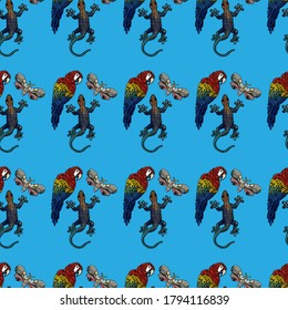 Seamless background with parrot, night butterfly and lizard, cartoon style, moth, flat style, exotic, tropics, pirates, for kids, adventure, pattern, texture for clothes, treasures, wrapper, macaw