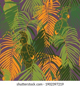 seamless background with parrot and tropical leaves, vector design for paper , fabric.
