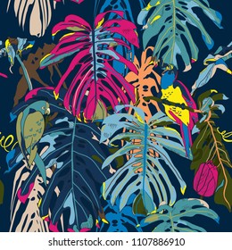 seamless background with parrots and exotic  leaves