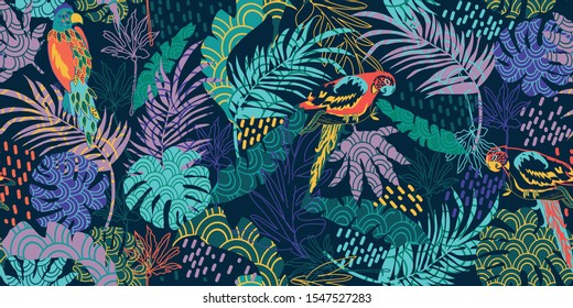 seamless background with parrots and tropical leaves