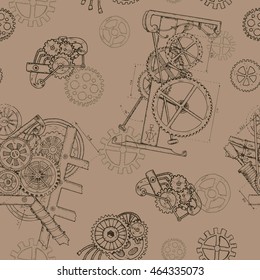 Seamless background with parts of old clocks and retro machines, vintage repeated pattern in steampunk style