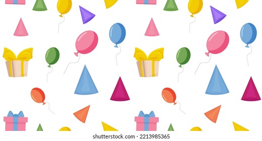 Seamless background for a party with balloons, gifts, caps. Template for parties, birthday parties. Vector illustration. childrens cute background