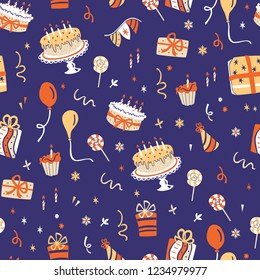Seamless Background with Party Elements: Gift, Cake, Balloon  and etc.