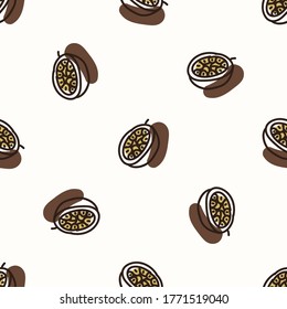 Seamless background passion fruit. Gender neutral kid food pattern. Simple whimsical minimal earthy 2 tone color. Baby nursery wallpaper or boho decorative gardening decor all over print. 