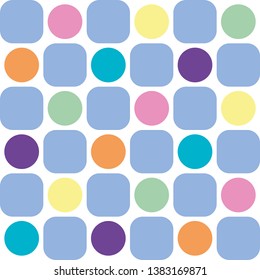 seamless background of pastel colored polka dots and blue rounded squares on white