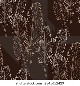 Seamless background pattern with abstract feathers. Vector illustration. Bohemian background from tribal repeating elements. Template for fabric in oriental style.