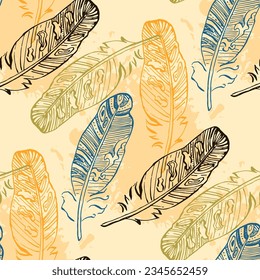 Seamless background pattern with abstract feathers. Vector illustration. Bohemian background from tribal repeating elements. Template for fabric in oriental style.