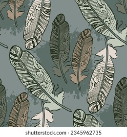 Seamless background pattern with abstract feathers. Vector illustration. Bohemian background from tribal repeating elements. Template for fabric in oriental style.
