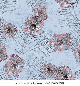 Seamless background pattern with abstract feathers. Vector illustration. Bohemian background from tribal repeating elements. Template for fabric in oriental style.