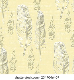 Seamless background pattern with abstract feathers. Vector illustration. Bohemian background from tribal repeating elements. Template for fabric in oriental style.