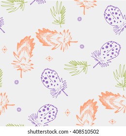 Seamless background pattern with abstract feathers. Vector illustration. Hand drawn feather.