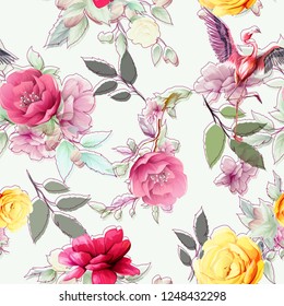 Seamless background pattern with abstract flowers, leaves and flamingo on white. Hand drawn illustration. vector - stock.