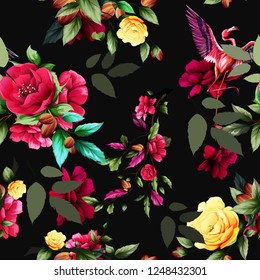 Seamless background pattern with abstract flowers, leaves and flamingo on black. Hand drawn illustration. vector - stock.