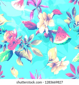 Seamless background pattern with abstract flowers, spathiphyllum, leaves and watermelon on blue. Hand drawn illustration. vector - stock.