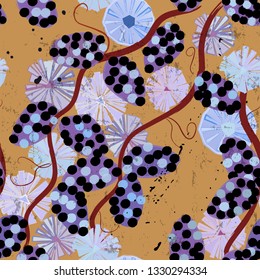 seamless background pattern, with abstract flowers, circles/dots, strokes and splashes