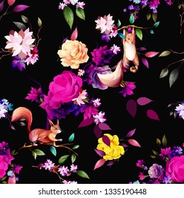 Seamless background pattern with abstract flowers, peony, squirrel, leaves on black. Hand drawn art work. Vector - stock.