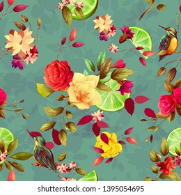 Seamless background pattern with abstract flowers, peony, halcyon bird, lime fruit, leaves on pastel color. Hand drawn art work. Vector - stock.