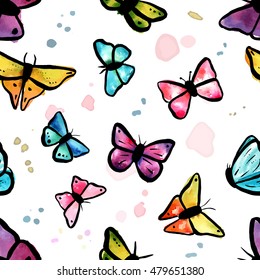 A seamless background pattern with abstract freehand watercolour butterflies (teal blue, pink, purple, and yellow) with splashes of paint; scalable vector drawings