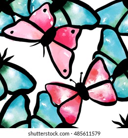 A seamless background pattern with abstract freehand watercolour butterflies, teal blue and pink, scalable vector drawings
