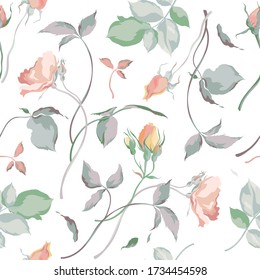 Seamless background pattern with abstract  roses, leaves on pastel colors. Hand drawn art work .Flower background.