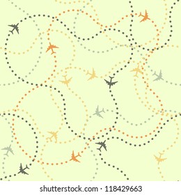 Seamless background pattern with airplane routes. Vector illustration.