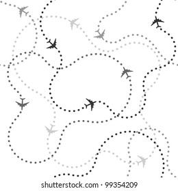 Seamless background pattern with airplane routes. Vector illustration.