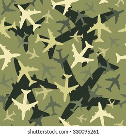 Seamless background pattern with airplanes. Green military camouflage version. Vector. svg