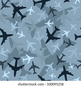 Seamless background pattern with airplanes. Light blue camouflage version. Vector. svg