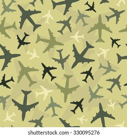 Seamless background pattern with airplanes. Light green military camouflage version. Vector.