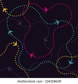 Seamless background pattern with airplanes routes. Vector illustration.