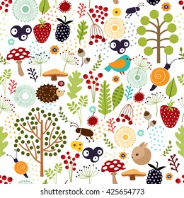 Seamless background. Pattern with animals, trees, leaves, berries and nature elements