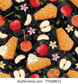 Seamless background. Pattern of apple and its slice with seeds, leaves, flowers, pie with ice cream, apple in caramel, coconut shavings topping on stick and in honey with filling of nuts. Chalkboard