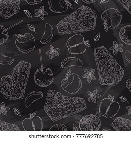 Seamless background. Pattern of apple and its slice with seeds, leaves, flowers, pie with ice cream, apple in caramel, coconut shavings topping on stick and in honey with filling of nuts. Chalkboard
