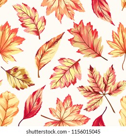 Seamless background pattern with  autumn bright leaves. Fall backdrop for fabric, textile, wrapping paper, card, invitation, wallpaper, web design.