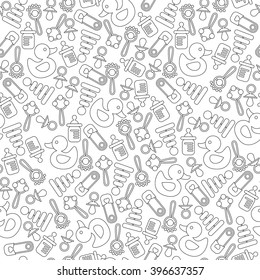Seamless background pattern for baby shower, new baby greeting and announcement card. Black and white. Vector illustration
