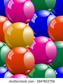 Seamless background pattern of balloons. Vector illustration with red, blue, green, and purple objects. Used as the texture and fill of the drawing.