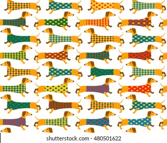 Seamless background pattern with a Basset Hound. Dachshunds dressed in different sweaters in style Argyle