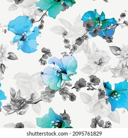 Nahtloses Hintergrundmuster. Schöne wilde Blumen mit, Rosen mit Blatt auf Weiß. Stilysierte Abstraktion, handgezeichnet, Vektorstock.