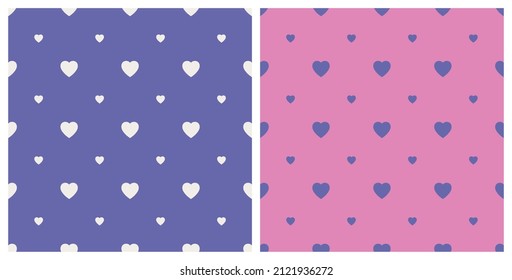 Seamless background pattern big and small heart shape. Color trendy 2022 very peri. Design texture elements for fabric, tile, banner, card, cover, poster, backdrop, wall. Vector illustration.